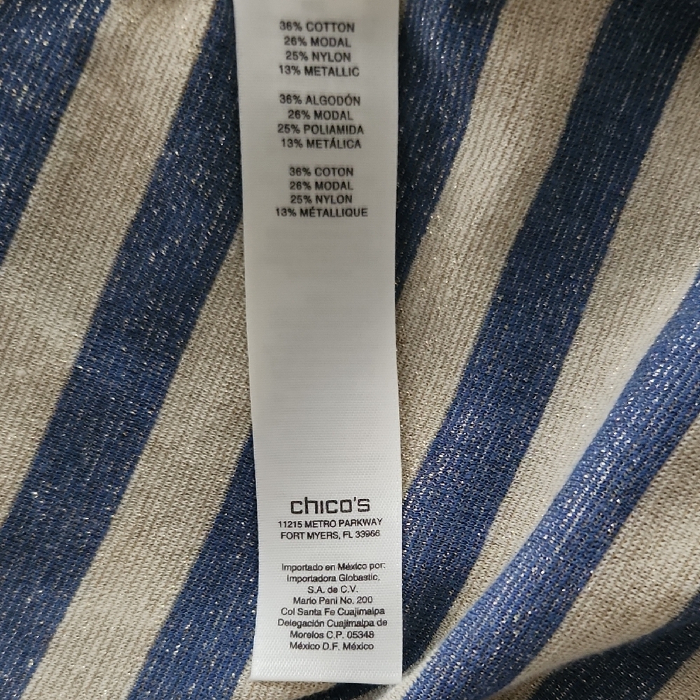 Chico's Fitted Blue and Cream Short Sleeve Tee - Picture 5 of 5